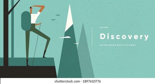 The man looks at the mountains. People, adventure and tourism. Vector illustration in flat cartoon style.