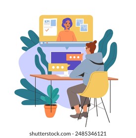 Man looks at online resume. Young guy evaluates candidates for vacancies. Human recourses, headhunting and recruitment. Job search. Flat vector illustration isolated on white background