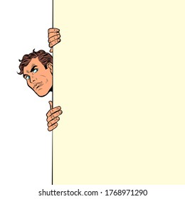 The man looks out curiously. Poster advertising announcement. Pop art retro vector illustration kitsch vintage 50s 60s style