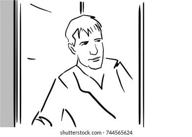 A man looks out of an open door black and white vector sketch. Simple drawing.