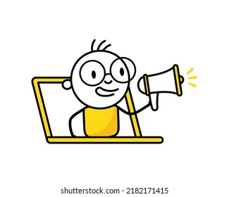Man looks out through a laptop screen and announcing something in a megaphone in his hand. Online business and marketing concept. Vector stock illustration.
