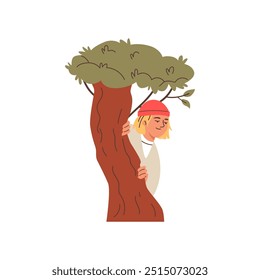 A man looks out, watches and hides behind a tree trunk under a thick crown. A curious, satisfied character is watching and spying on someone. Portrait. Close-up. Vector illustration.