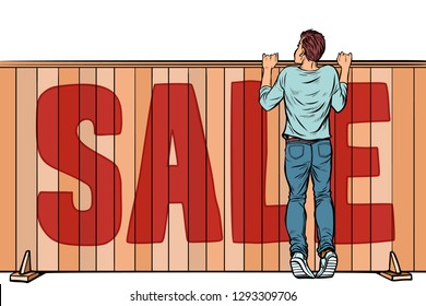 a man looks over the fence. sale house real estate. Pop art retro vector illustration vintage kitsch