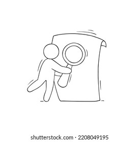 Man looks at paper document through magnifying glass. Concept of paperwork, contract or agreement check with doodle person reads with loupe, vector hand drawn illustration