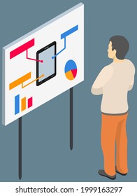 Man looks at poster showing structure of smartphone. Male character examines components of mobile device. Technical elements and structure of modern phone. Person studies electronics components