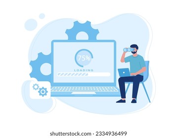 A man looks at the process of loading a laptop screen trending concept flat illustration