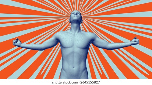 A man looks up and raises both hands up as a winner against the background of radial rays emanating from his head. The concept of leadership, idea, discovery or strong emotions. The power of the mind.