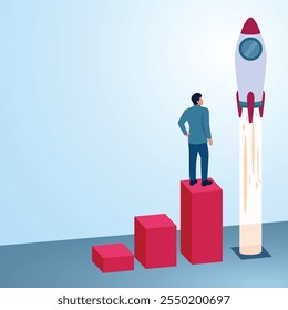 A man looks at a rocket launching at the end of a graph. An illustration of exponential growth, rapid growth and drastic development.