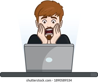el hombre mira asustado en la laptop y agarra su cara con miedo. avatar, noticias, cómic, vector, aislado.