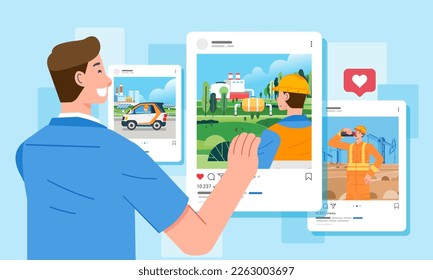 A man looks scroll by hand Post various professions and activities on social media template illustration browsing social network make posts and share 