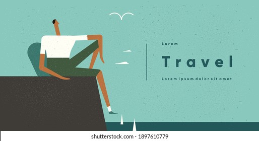 The man looks at the sea. People, adventure and tourism. Vector illustration in flat cartoon style.