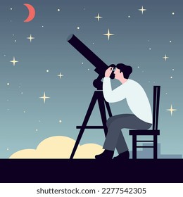 a man looks at the sky through a telescope