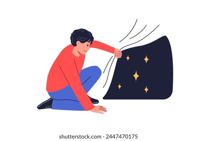 Man looks at starry sky hidden under fabric, experiencing curiosity at sight of unknown starry space. Concept of searching for latent or non-obvious opportunities and ways to achieve your goals