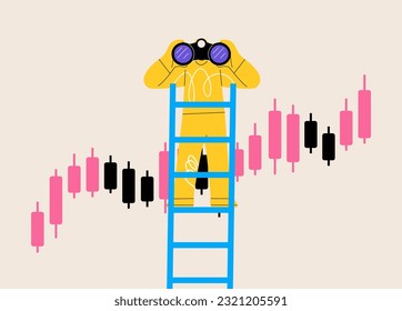 Man looks from a stepladder through binoculars at a Forex chart. Colorful vector illustration
