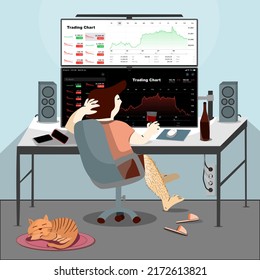 A man looks at stocks or coins from home on a giant monitor while casually drinking red wine and listening to music accompanied by a sleeping cat. Vector flat illustration trading from home