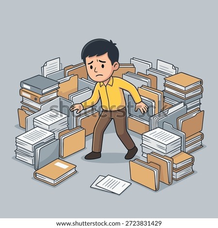 A man looks stressed and confused surrounded by stacks of paperwork and office folders, symbolizing workload and disorganization.