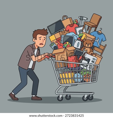 A man looks stressed as he pushes a shopping cart overflowing with various goods, including boxes, bags, and household items.