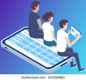 Der Mensch betrachtet Tablette mit zunehmender Grafik. Antrag auf Studium. Die Leute sitzen am Smartphone-Bildschirm mit Checkliste. Datenanalyse auf Diagramm. Wirtschaftsindikatoren auf statistischem Diagramm