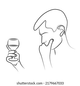 Man Looks Thoughtfully At Glass Of Wine In His Hand. Choice Between Taking Alcohol Or Not. Do Not Drink Alcohol. Drinking Alcohol Alone, Alcoholism. Sketch, Linear Contour Drawing In Minimalist Style