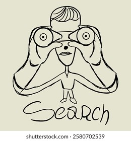 A man looks through binoculars. Freehand Drawing Style