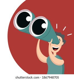 A man looks through binoculars. He is glad of what he saw. Vector illustration. Banner with search theme, great offer.
