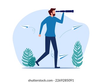 Man looks through binoculars. Opportunity search. Curiosity or surveillance. looking for a job
