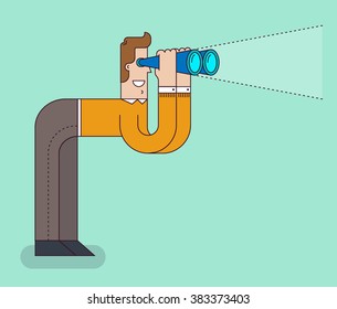 Man looks through binoculars. Search, research, outlook, business, vision concept. Flat vector illustration.