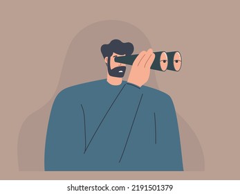 Man Looks Through He Binoculars, Looking For Something. Watching Someone Closely