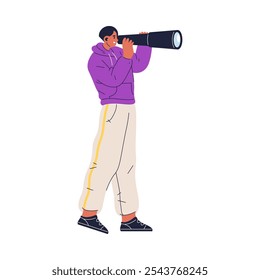 El hombre mira a través del Grande spyglass, buscando el camino, el gerente de recursos humanos busca personas para la contratación. Ilustración vectorial del explorador turístico masculino, exploración con telescopio, observación y concepto de búsqueda