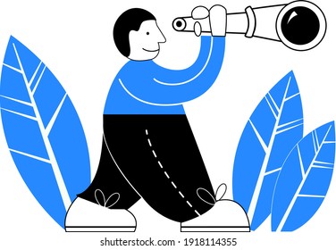 A man looks through a spyglass. A person is looking for opportunities for business growth. The concept of search, research, vision, monitoring, observation. Vector flat design illustration 