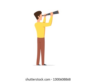 man looks through a telescope into the future. Vector illustration in flat style isolated on white background.