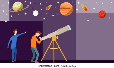 A man looks through a telescope at the planets and stars. One man looks through a telescope and the other shows his hand at the stars. Vector illustration of a starry sky.