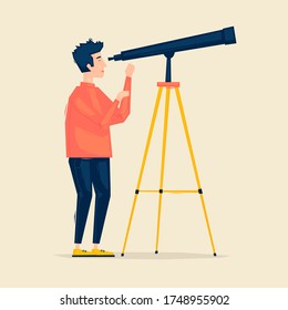 Man looks through a telescope, searching for ideas. Flat illustration in cartoon style. Vector.	