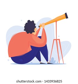Man looks through a telescope, space. Flat design vector illustration.