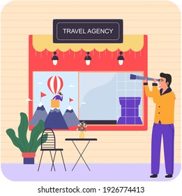 Man Looks Through Telescope, Stands Near Travel Agency. Banner With Man In Hot Air Balloon In Mountains. Businessman Engaged In Tourism, Offers To See World Agency Making Money On International Travel