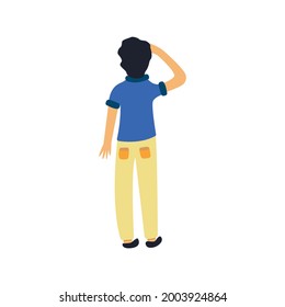 Man looks up, shielding his eyes from the light with his hand. Back view. Colorful isolated vector illustration hand drawn