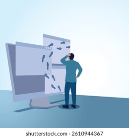 A man looks at a web page and there are footprints. A metaphorical illustration for digital footprints, browser history and tracking.