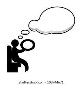 Man looks in the window of plane with speech cloud