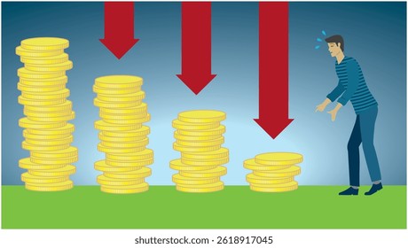 Man loosing money and investment. Inflation and stock market crash. Dimension 16:9. Vector illustration.
