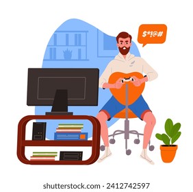 Man loses game concept. Angry young guy with joystick sitting and look at computer monitor or television. Arcade and video game. Dissatisfied gamer. Cartoon flat vector illustration