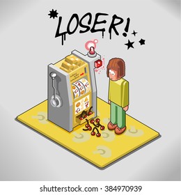 Man loses at slots. Slot machine is spitting some cherries (isometric view)