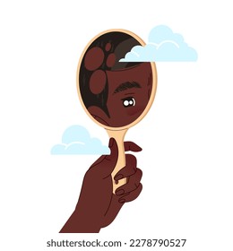 Man Losing His Hair Watching His Reflection in Mirror with Bald Spots Suffer from Alopecia or Baldness Vector Illustration