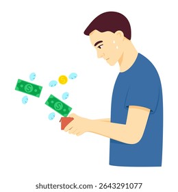 Man losing money cash and coins from his wallet. Man feeling anxiety and stress about finances. Vector illustration