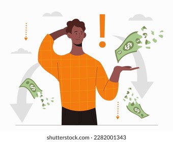 Man losing money. Guy standing with torn banknotes, inflation. Financial illiteracy, global economic crisis and recession. Unsuccessful businessman with bankruptcy. Cartoon flat vector illustration