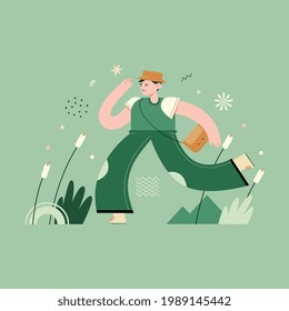 A man loss in the jungle and running find to looking for a way out. Vector illustration