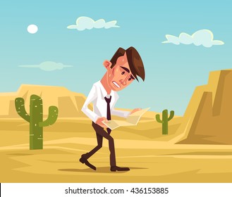 Man lost. Businessman lost in desert. Man trying survive. Lost man hold map. Vector flat cartoon illustration