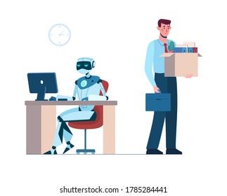 Man lost her job due to robotics. The robot is in the workplace, and person is fired. Business people, unemployment. Flat vector illustration isolated. Artificial intelligence has replaced humans
