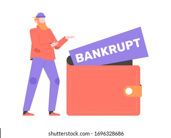 Man lost his job in the global economic crisis. Sad homeless next to an empty wallet. Bankruptcy and lack of salary. Social and financial problems. Vector flat illustration.
