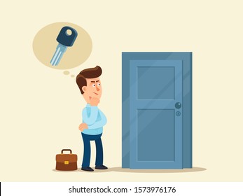 Man lost the key to the apartment. Person try to recalls where he left the keys to the house. Absent-minded, forgetfulness person. Vector illustration, flat design cartoon style. Isolated background.