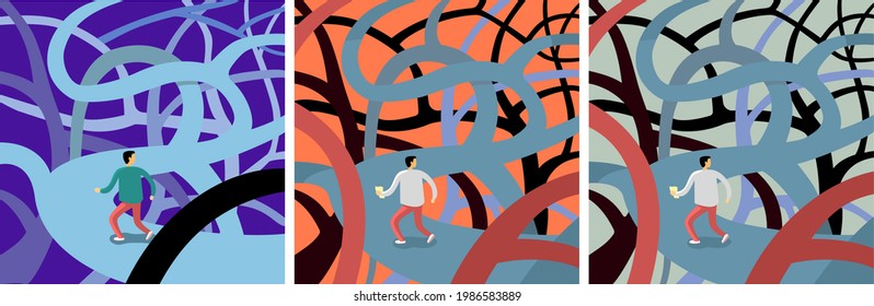 Man lost in maze, vector illustration. Confusion. Doesn't know what to do. Finding a way and a solution. Crossed roads. Labyrinth in different colors. A mess on roads. Uses the map to find a way out.